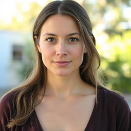 A 35-year-old woman with light skin and long hair, styled in a natural manner with minimal makeup