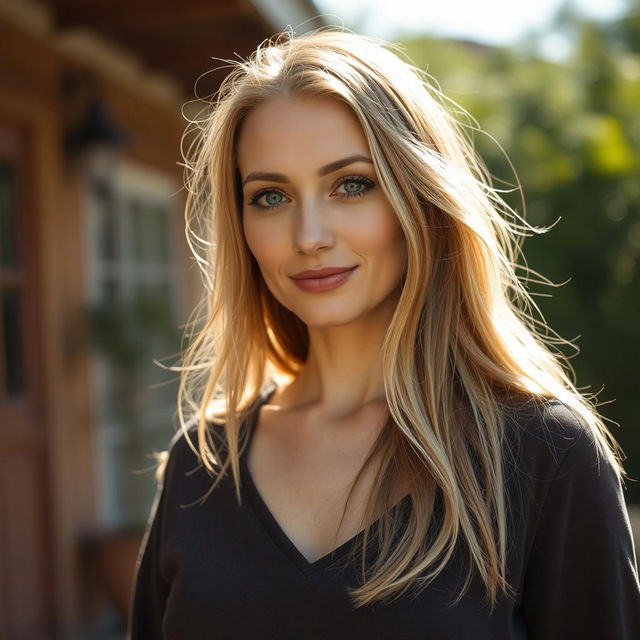 A 35-year-old woman with light skin and long hair, styled in a natural manner with minimal makeup