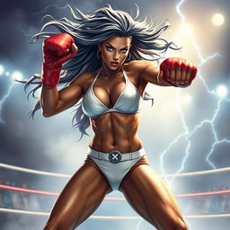 A powerful and confident female superhero, inspired by Marvel's Storm from the X-Men, depicted in an action-packed boxing scene