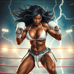 A powerful and confident female superhero, inspired by Marvel's Storm from the X-Men, depicted in an action-packed boxing scene