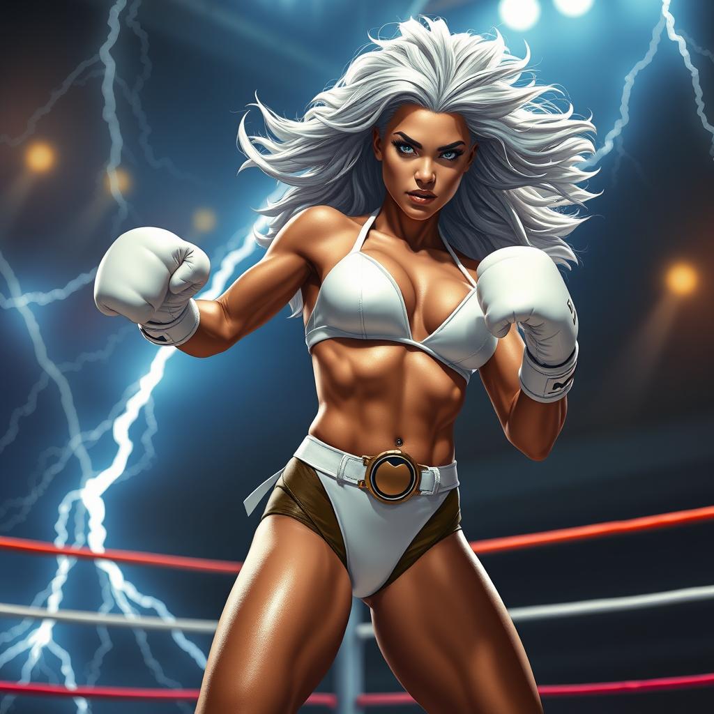 A powerful and confident female superhero, inspired by Marvel's Storm from the X-Men, depicted in an action-packed boxing scene