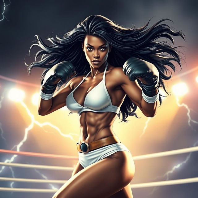 A powerful and confident female superhero, inspired by Marvel's Storm from the X-Men, depicted in an action-packed boxing scene