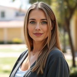 A 35-year-old woman with light skin and long hair, styled in a natural way with minimal makeup