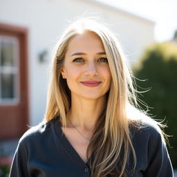 A 35-year-old woman with light skin and long hair, styled in a natural way with minimal makeup