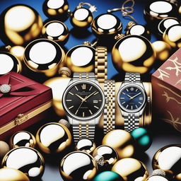 A high-resolution photograph displays a diverse collection of luxury watches arranged neatly against a backdrop of festive decorations