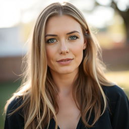 A 35-year-old woman with light skin and long hair, featuring a natural style with minimal makeup