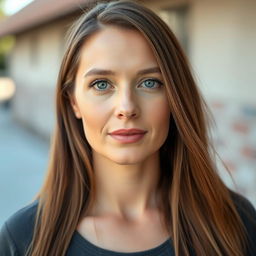 A 35-year-old woman with light skin and long hair, featuring a natural style with minimal makeup