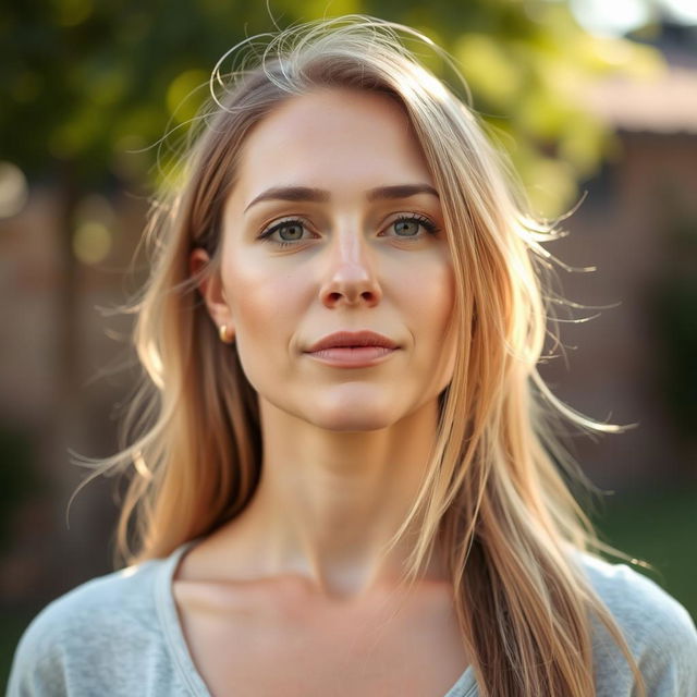 A 35-year-old woman with light skin and long hair, featuring a natural style with minimal makeup