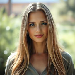 A 35-year-old woman with light skin and long hair, featuring a natural style with minimal makeup