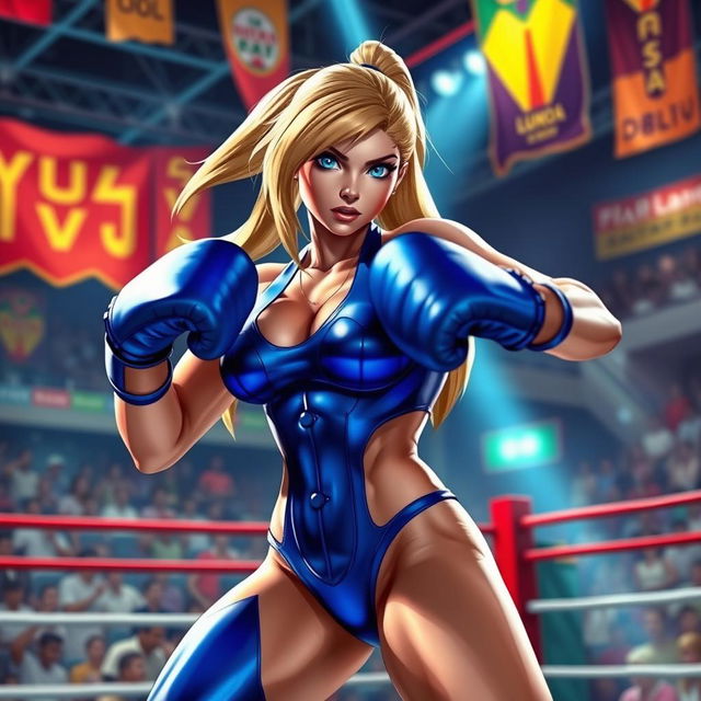 A dynamic scene featuring Zero Suit Samus wearing a sleek blue bikini, poised in a boxing stance