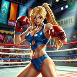 A dynamic scene featuring Zero Suit Samus wearing a sleek blue bikini, poised in a boxing stance