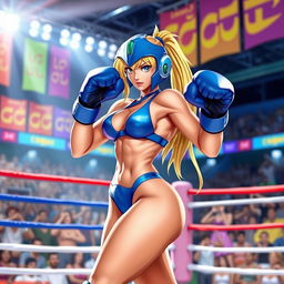 A dynamic scene featuring Zero Suit Samus wearing a sleek blue bikini, poised in a boxing stance