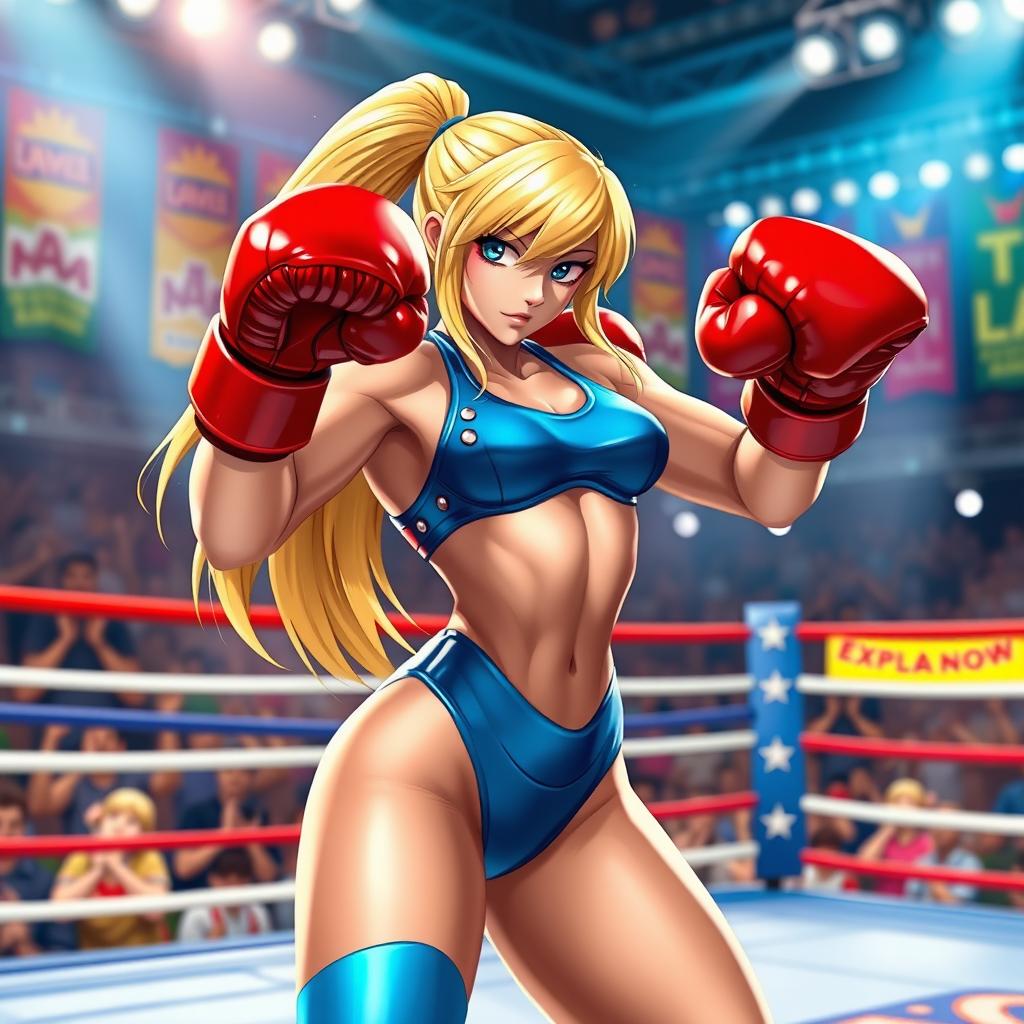 A dynamic scene featuring Zero Suit Samus wearing a sleek blue bikini, poised in a boxing stance