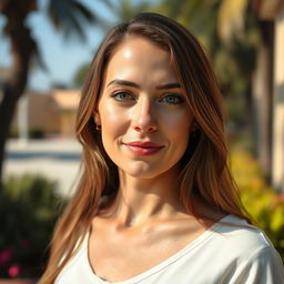 A 35-year-old woman with light skin and long hair, presented in a natural style with minimal makeup