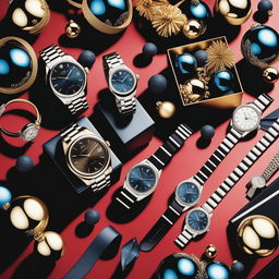 A high-resolution photograph displays a diverse collection of luxury watches arranged neatly against a backdrop of festive decorations