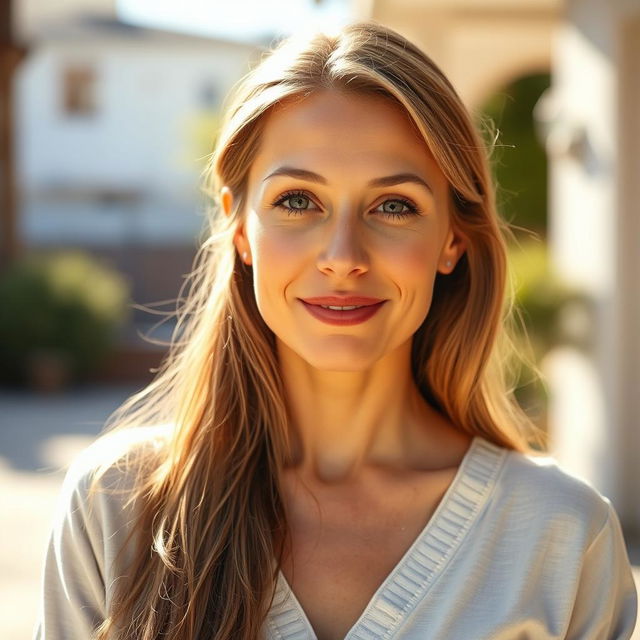 A 35-year-old woman with light skin and long hair, presented in a natural style with minimal makeup