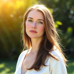 A 35-year-old woman with light skin and long hair, presented in a natural style with minimal makeup