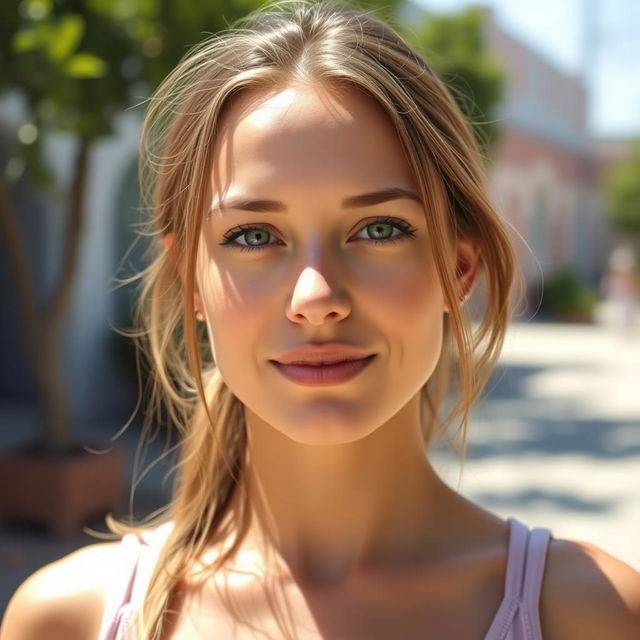 A 35-year-old woman with light skin and long hair, portrayed in a natural style with minimal makeup