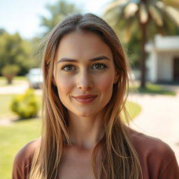 A 35-year-old woman with light skin and long hair, portrayed in a natural style with minimal makeup