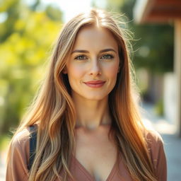 A 35-year-old woman with light skin and long hair, portrayed in a natural style with minimal makeup