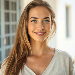 A 35-year-old woman with light skin and long hair, depicted in a natural style with minimal makeup