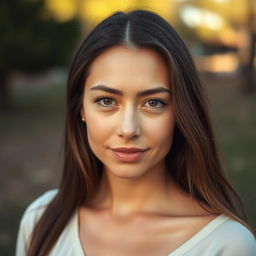 A 35-year-old woman with light skin and long hair, depicted in a natural style with minimal makeup