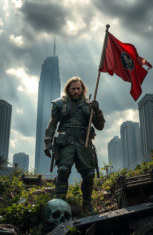 A dramatic post-apocalyptic landscape featuring the last survivor on Earth, a rugged individual holding a tattered flag against a backdrop of crumbling skyscrapers and overgrown vegetation