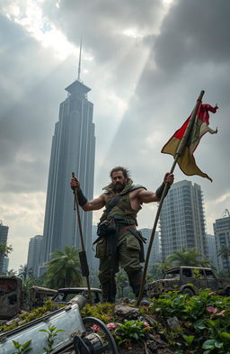 A dramatic post-apocalyptic landscape featuring the last survivor on Earth, a rugged individual holding a tattered flag against a backdrop of crumbling skyscrapers and overgrown vegetation