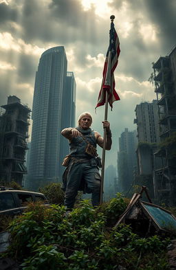 A dramatic post-apocalyptic landscape featuring the last survivor on Earth, a rugged individual holding a tattered flag against a backdrop of crumbling skyscrapers and overgrown vegetation