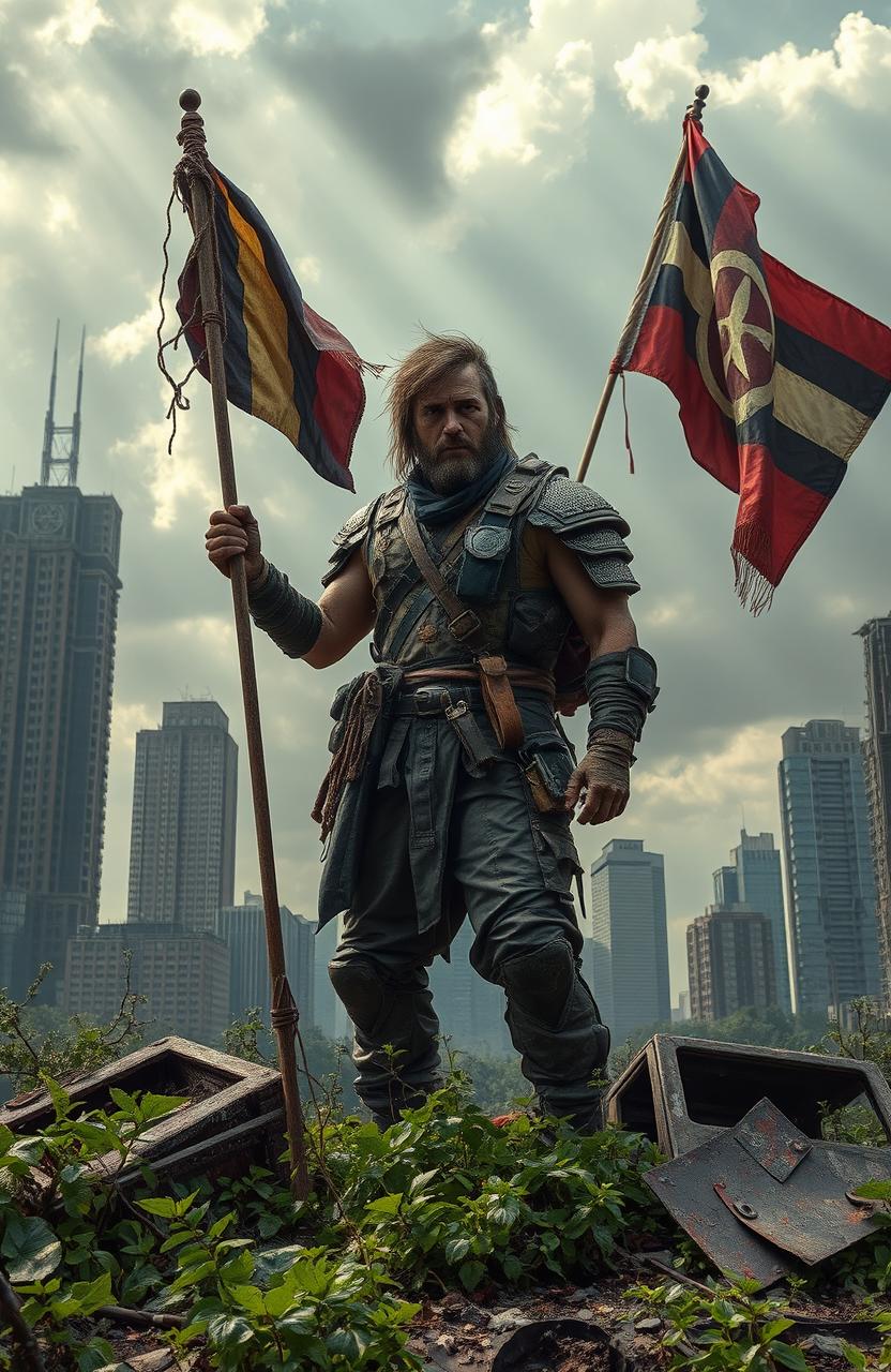 A dramatic post-apocalyptic landscape featuring the last survivor on Earth, a rugged individual holding a tattered flag against a backdrop of crumbling skyscrapers and overgrown vegetation