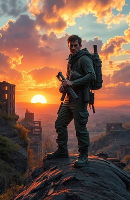 A lone survivor in a post-apocalyptic wasteland, dressed in rugged survival gear, standing on a cliff overlooking a desolate landscape filled with crumbling buildings and overgrown vegetation