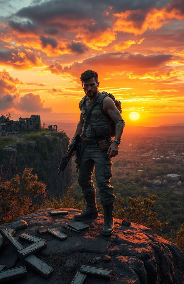 A lone survivor in a post-apocalyptic wasteland, dressed in rugged survival gear, standing on a cliff overlooking a desolate landscape filled with crumbling buildings and overgrown vegetation