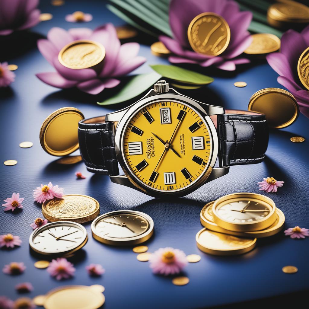 A high-resolution photograph features a luxurious watch displayed against a backdrop of Akshaya Tritiya festival decorations, including gold coins and a floral arrangement