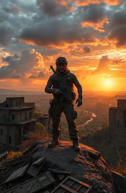 A lone survivor in a post-apocalyptic wasteland, dressed in rugged survival gear, standing on a cliff overlooking a desolate landscape filled with crumbling buildings and overgrown vegetation