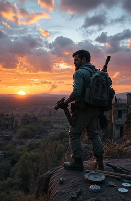 A lone survivor in a post-apocalyptic wasteland, dressed in rugged survival gear, standing on a cliff overlooking a desolate landscape filled with crumbling buildings and overgrown vegetation