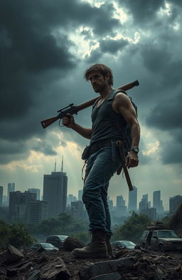 A dramatic scene depicting the last survivor in a post-apocalyptic world