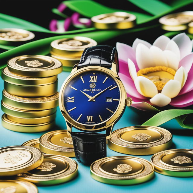 A high-resolution photograph features a luxurious watch displayed against a backdrop of Akshaya Tritiya festival decorations, including gold coins and a floral arrangement