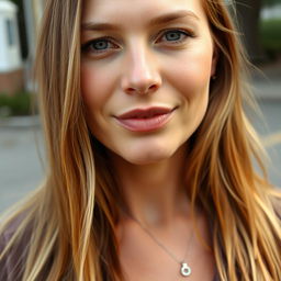 A 35-year-old woman with light skin and long hair, depicted in a natural style with minimal makeup