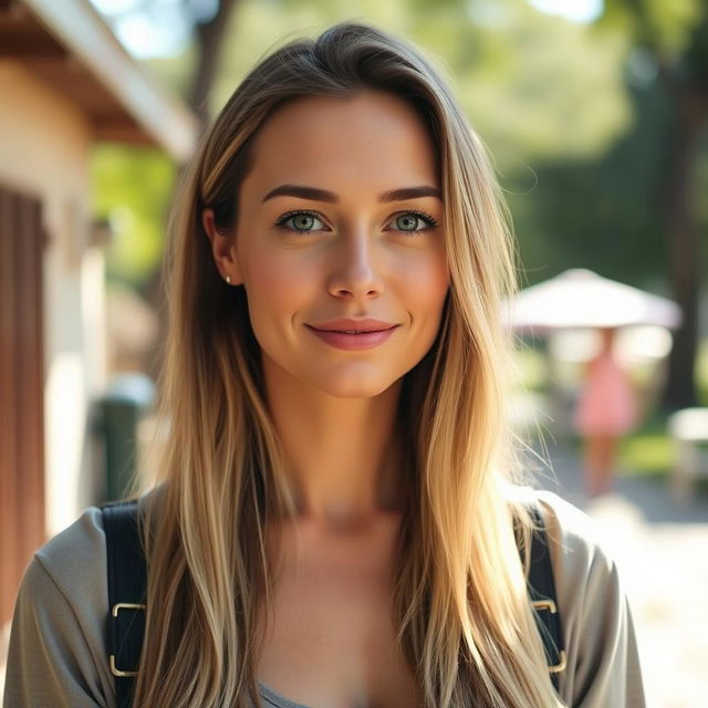 A 35-year-old woman with light skin and long hair, styled in a natural way with minimal makeup