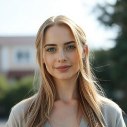 A 35-year-old woman with light skin and long hair, styled in a natural way with minimal makeup