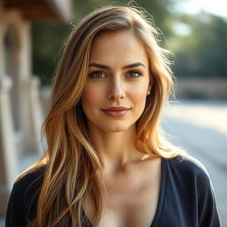 A 35-year-old woman with light skin and long hair, styled in a natural way with minimal makeup