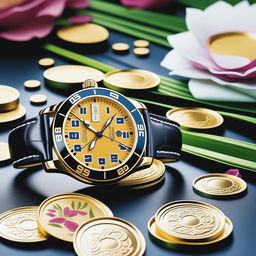 A high-resolution photograph features a luxurious watch displayed against a backdrop of Akshaya Tritiya festival decorations, including gold coins and a floral arrangement