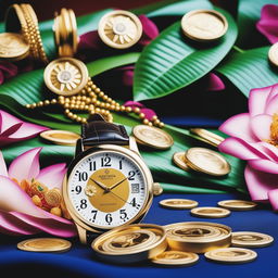 A high-resolution photograph features a luxurious watch displayed against a backdrop of Akshaya Tritiya festival decorations, including gold coins and a floral arrangement