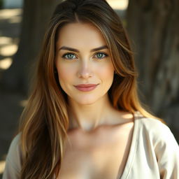 A 35-year-old woman with light skin and long hair, styled in a natural way with minimal makeup