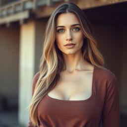 A 35-year-old woman with light skin and long hair, styled in a natural way with minimal makeup
