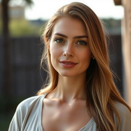 A 35-year-old woman with light skin and long hair, styled in a natural way with minimal makeup