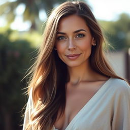 A 35-year-old woman with light skin and long hair, styled in a natural way with minimal makeup