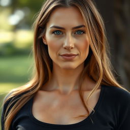 A 35-year-old woman with light skin and long hair, styled in a natural way with minimal makeup