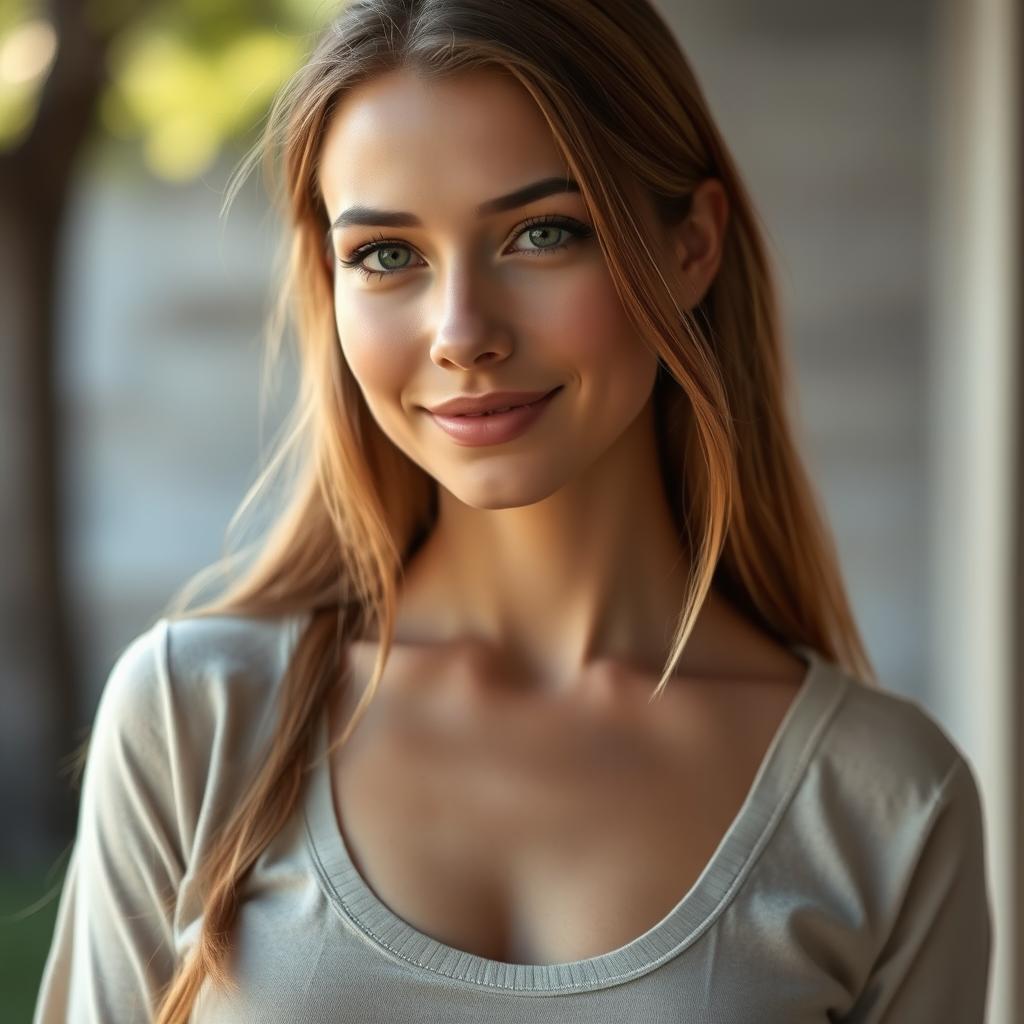 A 35-year-old woman with light skin and long hair, styled in a natural way with minimal makeup