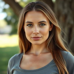 A 35-year-old woman with light skin and long hair, styled in a natural way with minimal makeup